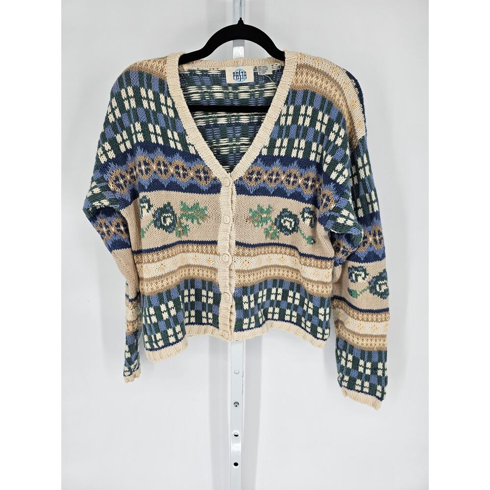 Vtg Pasta Multicolored Floral Cotton Blend V-Neck Button-Up Cardigan Size M